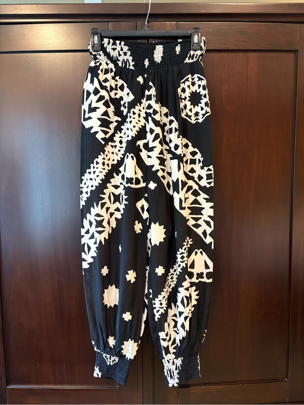 Anthropologie Black and White Geometric Smocked Jogger Pants